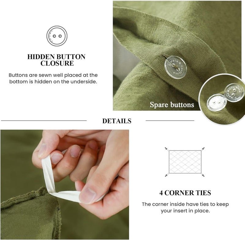 Simple&Opulence 100% Linen Duvet Cover Set, 3 PCS Natural French Flax Olive Green Duvet Cover Queen Size, Breathable Soft Comfy Linen Bedding Comforter Cover with 2 Pillowcases(Olive Green, 88"x92") - Image 3